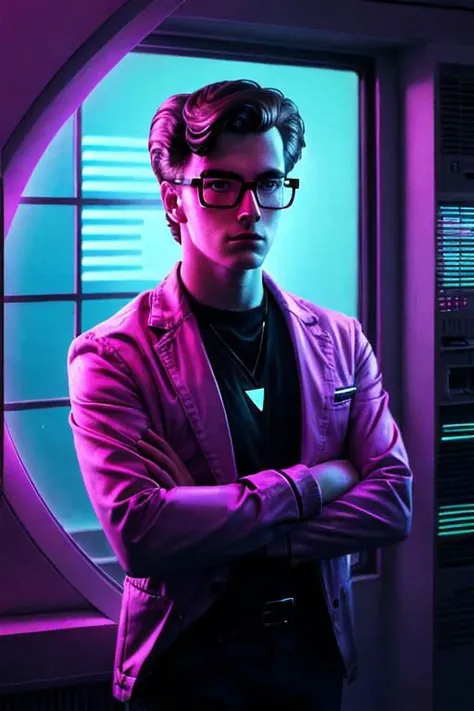 portrait, young man wearing glasses with the earth in the window, synthwave style, retro photography