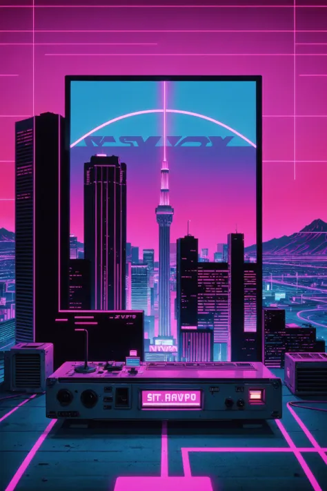 synthwave, vaporwave, synthwave punk, nvinkpunk, (masterpiece, best_quality, ultra-detailed), epic, illustration, render, volumetric lighting, (masterpiece, best quality, ultra-detailed, highres), no humans, Las Vegas Nevada in the 1980s, Cityscape, city background, 1980s retrowave, Outdoors, 4 point perspective, vantage point, retro photography, Noir photography