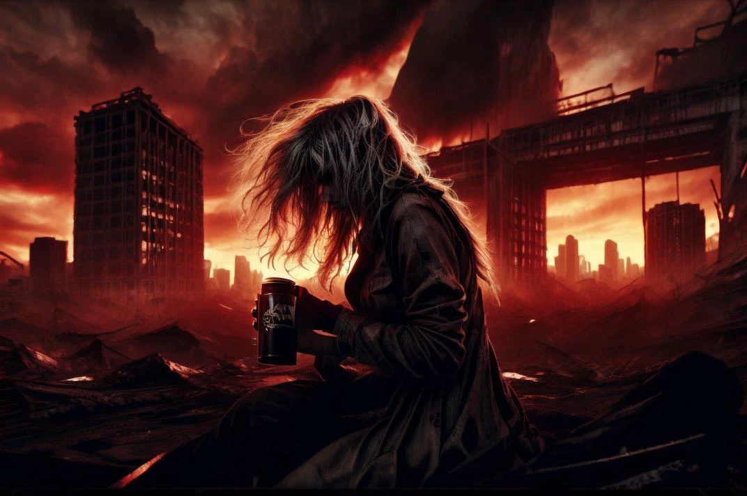 realistic digital painting, dystopian future setting, civilization breakdown, anarchy, a beautiful woman sits on top of the ruins of a parking garage overlooking the once awe inspiring twin cities of St. Paul and Minneapolis, once bustling metropolitan powerhouses that would consume natural resources and expel toxic waste on a global scale, 1girl, solo, the silhouette of her long flowing hair and feminine form stand out against the still smoldering toxic rubble of two vast cities, desolate, rubble and poisonous air, fallout, she sips from a mug of coffee as she observes the smoldering skyscrapers and multi-level interstate highways, a bottle of (Tabasco sauce:1.1) can be seen clearly sitting next to a (coffee maker:1.1) nearby, rule of thirds <lora:add_detail:0.8> <lora:silhouette_20231024094159:1>