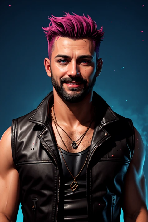 swpunk style, A stunning intricate full color portrait of a grizzled man with a black faux hawk smiling, wearing a black leather vest, epic character composition, thick strokes with paint splatters, by ilya kuvshinov, alessio albi, nina masic, sharp focus, natural lighting, subsurface scattering, f2, 35mm, film grain, outrun, illustration