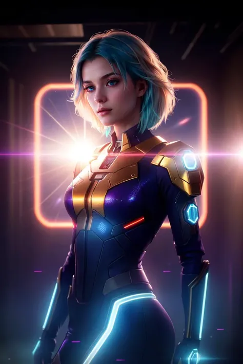 nvinkpunk, (masterpiece, best_quality, ultra-detailed, immaculate:1.3), epic, illustration, render, volumetric lighting, welcoming, see-through gossamer, in Japan, 1boy, solo, male focus, two tone hair, blue hair, blonde hair, purple eyes, cybernetic armor, depth of field, full body, standing in a spaceship, (fantasy), (lens flare, light leak, prismastic), shiny skin, cg, (side-lighting), (cyberpunk), dynamic angle, (close up)