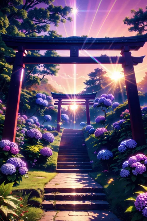 nvinkpunk, (masterpiece, best_quality, ultra-detailed), epic, illustration, render, volumetric lighting, dappled sunlight, day, flower, hydrangea, leaf, light rays, nature, no humans, outdoors, path, plant, purple flower, scenery, stairs, sunlight, torii, tree, wisteria, (fantasy), (lens flare, light leak, prismastic), Unreal Engine 5, (side-lighting), rule of thirds, 4 point perspective, vantage point,