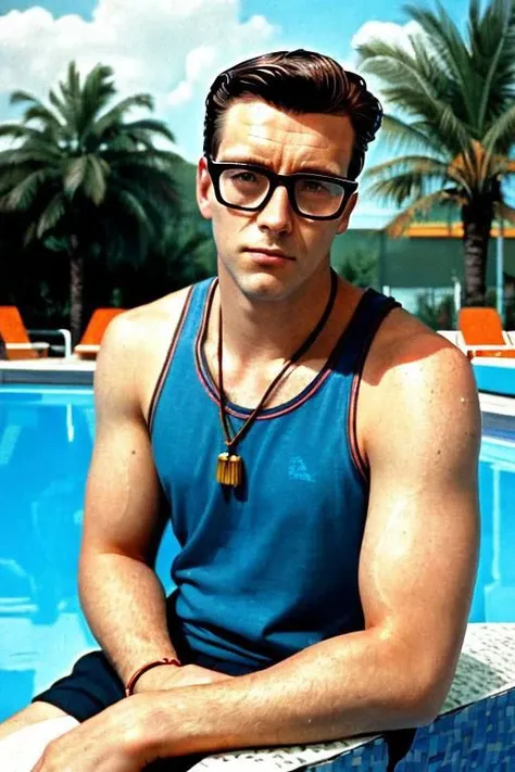 portrait, guy wearing glasses by the pool, retro photography