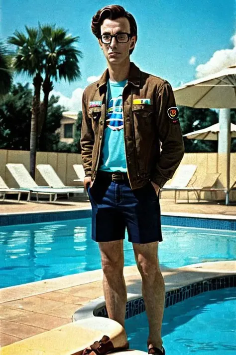 portrait, guy wearing glasses by the pool, retro photography