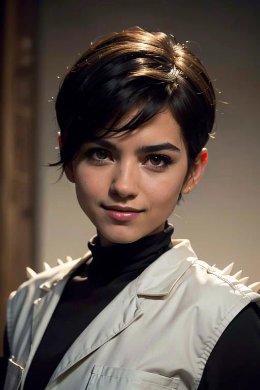 spiky bald hairstyle, short hair, mexican skin, gloves, uniform military, 1girl ,dark black hair, ((hair cut super short,)), soft Brown eyes, smile lips,