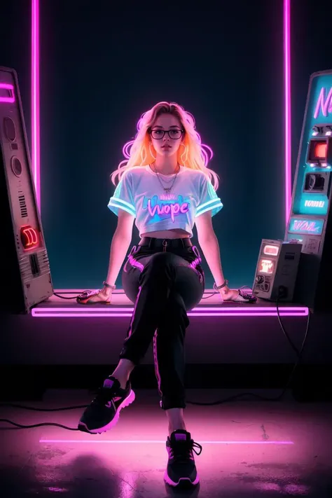 synthwave punk style, vaporwave style, synthwave, vaporwave colors, nvinkpunk, (masterpiece, best illustration, extreme light and shadow), 1girl, black pants, blonde hair, crossed legs, dark skin, dark-skinned female, glasses, lips, long hair, looking at viewer, neon lights, pants, round eyewear, shirt, shoes, sitting, sneakers, solo, rule of thirds, outrun, vaporwave, trending on artstation, highly detailed, fine detail, (dynamic angle), Vantage point, 4 point perspective, LUT like a movie, depth of field, (sidelighting), (volumetric lighting), liminal horror, vaporwave punk, neon 1980s, lucid dream acid drip