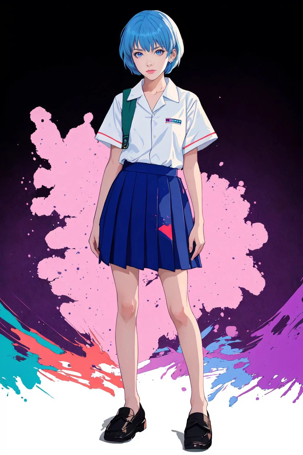 Rei Ayanami \(evangelion\), evangelion \(Hideaki\), caustics, high resolution illustration, red eyes, feminine, no pupils, blue hair, short hair, japanese school uniform, loafers, swpunk, synthwave, paint splatters, shaded flat illustration, digital art, splatter, outrun, vaporware, neon colors