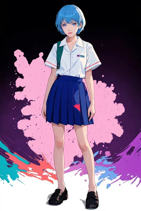 Rei Ayanami \(evangelion\), evangelion \(Hideaki\), caustics, high resolution illustration, red eyes, feminine, no pupils, blue hair, short hair, japanese school uniform, loafers, swpunk, synthwave, paint splatters, shaded flat illustration, digital art, splatter, outrun, vaporware, neon colors
