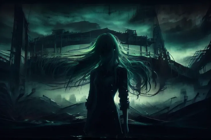 realistic digital painting, dystopian future setting, civilization breakdown, anarchy, 1girl, a beautiful woman sits on top of the ruins of a parking garage overlooking the once awe inspiring twin cities of St. Paul and Minneapolis, once bustling metropolitan powerhouses that would consume natural resources and expel toxic waste on a global scale, she sips from a mug of coffee as she observes the smoldering skyscrapers and multi-level interstate highways, side profile, legs crossed, (sexy:1.1), (classy:1.1), tattered cocktail dress, a bottle of (Tabasco sauce:1.3) can be seen clearly sitting next to a (coffee maker:1.3) nearby, the silhouette of her long flowing hair and feminine form stand out against the still smoldering toxic rubble of two vast cities, desolate, rubble and corpses, poisonous air, fallout, purgatory, limbo, volumetric green toxic fog, rule of thirds, establishing shot, wide zoom, best quality, masterpiece, green and gray color theme <lora:add_detail:-0.6> <lora:silhouette_20231024094159:1.4>