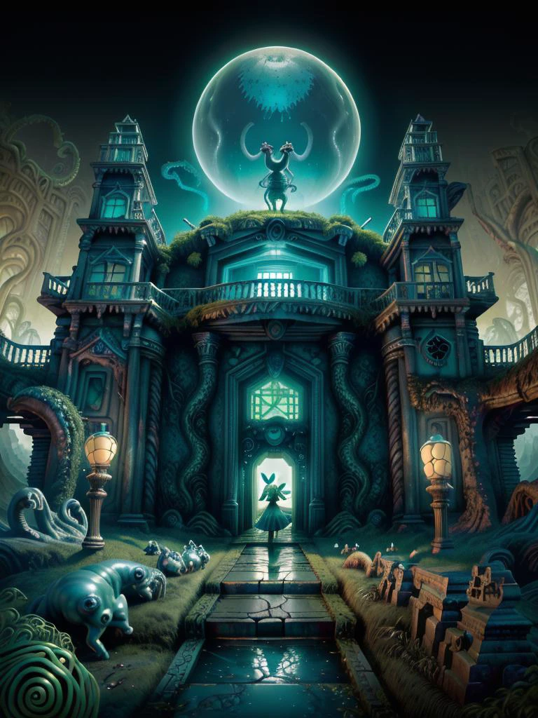 (masterpiece, best quality, highres:1.2), (photorealistic:1.2), (dutch angle:1.4), (asymmetrical:1.2), wonky, confusing, psychedelic, quasi-realistic digital painting of fantastic imaginary landscape at the end of the rabbit hole, 1girl, a beautiful grown-up Alice chasing the white rabbit through an ancient ruins of a forgotten thought distorted over time, (Alice in Wonderland:1.4), ocean piers and (Kraken tentacles:1.1) bend and overlap like a living freeway cloverleaf, (in the style of M. C. Escher:1.4), overgrown with moss and ivy, colossal tentacles reaching from the depths of a hallucination melt into the somewhat recovered memory of a place never visited, (chaos:1.2), anarchy, [why didn't  I take the blue pill?], stone archways, interdimensional gateways, doors to nowhere, stone paths and stairs that overlap and merge nonsensically, (optical illusions form the landscape:1), a tear in the fabric of time-space feeds on reality, cliffs, ocean, tsunami, crashing waves, [the Kraken], (The restaurant at the End of the Universe:1.1), [Douglas Adams], impossible, random, green and silver and brown color theme, (fantasy art:1.2), vertical gradient from modern  to prehistoric, fishbowl lens, view from above and infront at 100 meters away, (multiple Alice's chasing the rabbit:1.1) in several overlapping axis and dimensions, quadratic, Alice chasing the white rabbit and Alice chasing Alice who's chasing  the white rabbit, pocket watches melt and deform the unstable terrain, [temporal manipulation], (surrealism:1.3), entropy, descent into madness
