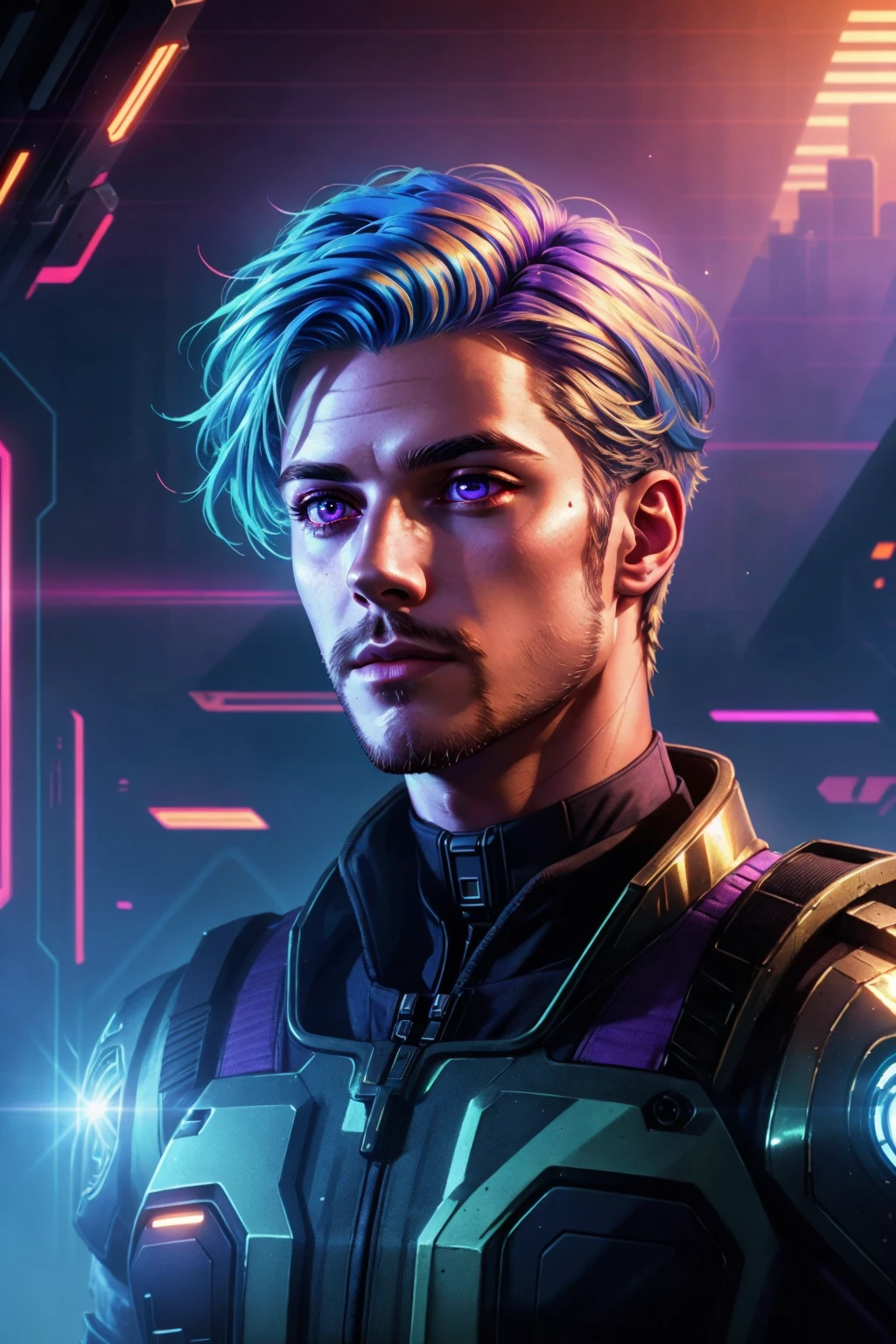nvinkpunk, (masterpiece, best_quality, ultra-detailed), epic, illustration, render, volumetric lighting, 1boy, solo, male focus, stubble, light facial hair, handsome, two tone hair, blue hair, blonde hair, purple eyes, cybernetic armor, depth of field, full body, standing in a spaceship, (fantasy), (lens flare, light leak, prismastic), shiny skin, cg, (side-lighting), (cyberpunk), dynamic angle, (close up)