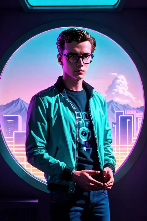 portrait, young man wearing glasses with the earth in the window, synthwave style, retro photography