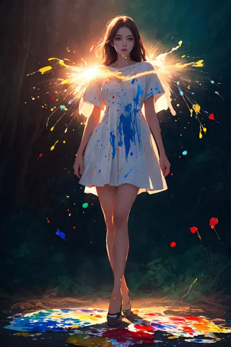 (((paint splatters))), women, full body, nature photography, anime rendering, color dynamic, octane render, cinematic lighting, enhance, soft light beam, perfect face, rule of thirds, by Jackson Pollock,