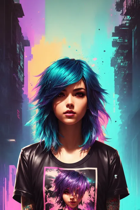 (masterpiece, best illustration, extreme light and shadow), swpunk, synthwave, 1boy, male focus, wild hair colors, award winning half body portrait of a femboy in a long tshirt with ombre navy blue teal hairstyle with head in motion and hair flying, paint splashes, splatter, outrun, vaporware, shaded flat illustration, digital art, trending on artstation, highly detailed, fine detail,  (dynamic angle), depth of field, tattoos, (sidelighting), in the style of stanley lau, art by artgerm, (volumetric lighting),paint splatters