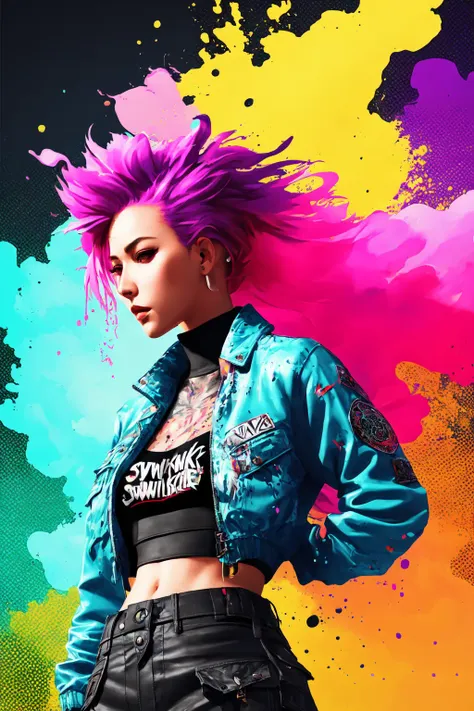 swpunk, (masterpiece, best illustration, extreme light and shadow), swpunk, synthwave,1girl, wild hair colors, winning half body portrait of a woman in a croptop and cargo pants with ombre navy blue teal hairstyle with head in motion and hair flying, paint splashes, splatter, outrun, vaporware, shaded flat illustration, digital art, trending on artstation, highly detailed, fine detail, wvert1, (dynamic angle), depth of field, tattoos, (sidelighting), vapodusk1, (volumetric lighting),paint splatters