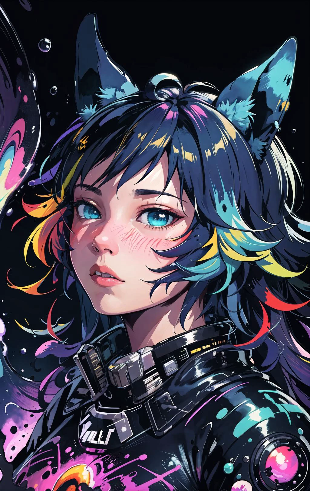 watercolor, hdr, chromatic aberration, anton fadeev, carne griffiths, cosmic cacophony, limitless, <lora:Blacklight_v1:1.2>, beizu style <lora:Beizu:0.4>, 1girl, wolf girl, (wolf ears), lake, multicolor long hair, <lora:mrcb:0.6> face, frilly dress, full body, psychedelic theme, pastel colors, hires wallpaper, album cover,