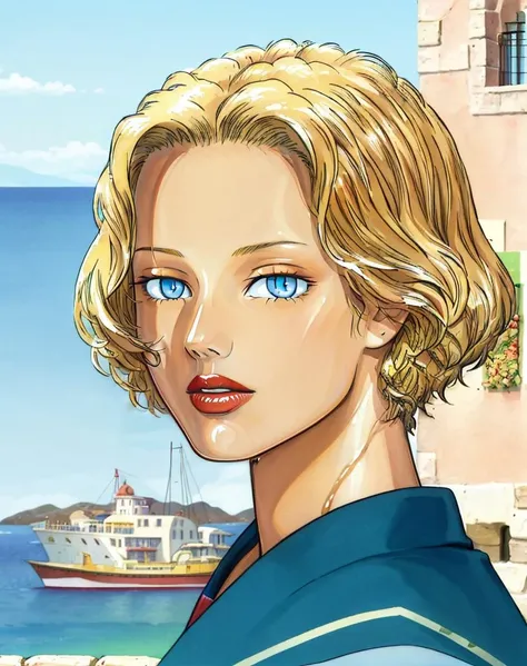 Giardino, 1girl, solo, looking at viewer, short hair, blue eyes, blonde hair, outdoors, sky, day, water, lips, portrait, red lips, <lora:Giardino_Style-13:1>