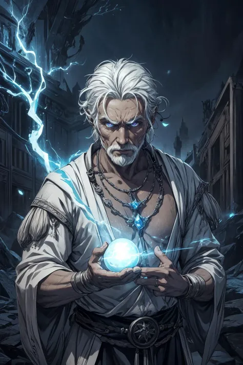 <lora:add_detail:0.5>, <lora:FZB_line_weights:0.4>, <lora:realistic:0.1>, <lora:sharpen-soften:-0.1>,
(1man, old male:1.2), frail, blue eyes, white hair, layer cut,
solo, half shot, looking at viewer, detailed background, detailed face, (tribal hawaian theme:1.1), supernatural glowing eyes, prophet of doom, serenity amidst the chaos, wearing detailed clothes, eldritch emanating dark magic, apocalypse, reality coming apart, unavoidable entropy, ancient mythological prophecy , blinding light in background, distorted echoes, apocalyptic atmosphere, ethereal lights,