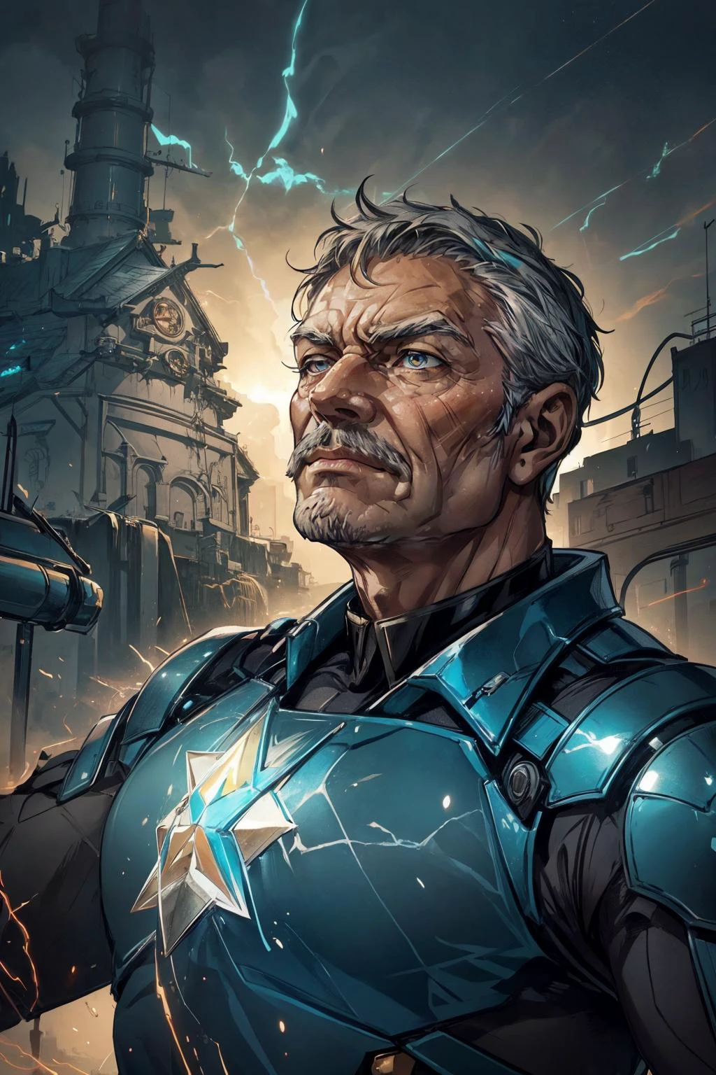 <lora:add_detail:0.5>, <lora:FZB_line_weights:0.4>, <lora:realistic:0.1>, <lora:sharpen-soften:-0.1>,
(1man, wrinkled face, old male:1.2), wise, teal eyes, graying hair, short hair,
solo, upper body, looking up, detailed background, detailed face, (<lora:SovietPunkAIv2:0.6>, sovietpunkai, soviet theme:1.1), glass-cyborg, (made of glass:1.1), translucent, warrior, crystal armor, dirty glass, mechanical, power source, magical symbols, mystic power, floating particles, crackling electricity, wind, workshop in background, cinematic atmosphere,