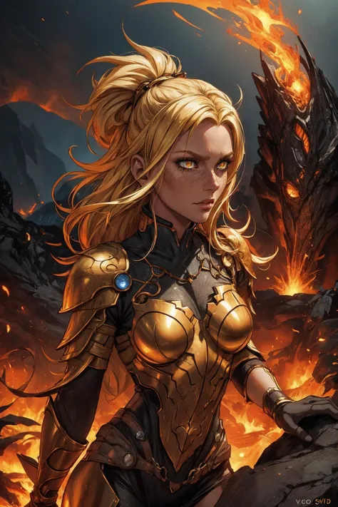 <lora:add_detail:0.5>, <lora:FZB_line_weights:0.4>, <lora:realistic:0.1>, <lora:sharpen-soften:-0.1>,
1 girl, adult (elven:0.7) woman, freckles, yellow eyes, light blonde shag hair, 
 portrait, solo, upper body, detailed background, detailed face, (<lora:Dra9onScaleAI:0.5>, Dr490nSc4leAI theme:1.1) (glowing fiery eyes:1.05),   elemental fiery  fighter, [heavy armor:molten rock:2], engulfed in flames,   lava,       lava pools in background,   cinematic cataclysmic atmosphere,