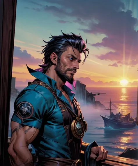 a man, GS-Masculine <lora:add_detail:0.5>, <lora:FZB_line_weights:0.4>, <lora:realistic:0.1>, <lora:sharpen-soften:-0.1> focus on character, portrait, (battlescars:0.7), looking up, solo, (full body:0.6), detailed background, (<lora:DonMF43:0.6>, fog, DonMF43, Fae theme:1.1), pirate, rich light blue privateer sailor outfit, relic, evil grin, treasure map, coastal pirate town, shacks, camp, palm trees, sand, calm, sunlight, pirate ship on shore, barrels in background, sunset, fantasy atmosphere,, (Comic book art :1.3), Comic art, graphic novel illustration, (caustics:1.3), Uruguayan, back view, upper body view, looking down, mature male, hurt facial expression, faux hawk haircut, Garibaldi beard