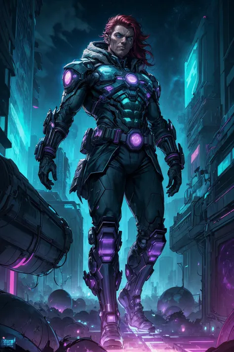 Cyberpunk cityscape, neon lights, dark alleys, skyscrapers, futuristic, vibrant colors, high contrast, highly detailed, <lora:add_detail:0.5>, <lora:FZB_line_weights:0.4>, <lora:realistic:0.1>, <lora:sharpen-soften:-0.1>,
(1man, old russian male:1.2), wise, purple eyes, dark red hair, side part,
portrait, solo, (full body:0.6), looking up, detailed background, detailed face, (<lora:SolarpunkAI:0.5>, green-powered, solarpunk theme:1.1), oracle of the armageddon, gazing into the abyss, wearing torn clothes, cosmic surrounded by evil aura, chaos, the end of life, floating particles, eternal winter and frost, ancient mythological prophecy fulfilled, galactic doom in background, maddening chants, apocalyptic atmosphere,