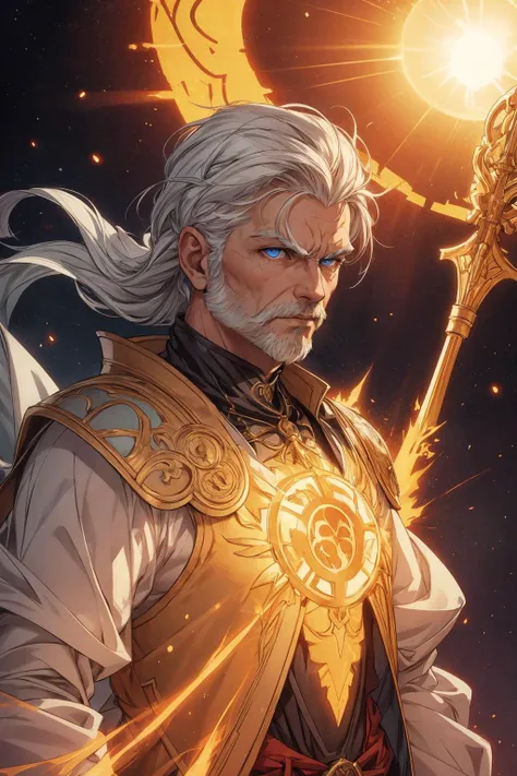 <lora:add_detail:0.5>, <lora:FZB_line_weights:0.4>, <lora:realistic:0.1>, <lora:sharpen-soften:-0.1>,
(1man, old male:1.2), light blue eyes, white hair, fade with sideburns,
(style-swirlmagic:0.8), portrait, solo, upper body, looking down, detailed background, detailed face, (arid desert middle-eastern theme:1.1), glowing eyes, sun-priest, bringer of the light, bright colors, wearing intricate red mage vest, blazing fury of the sun, blazing amulet of the sun, dynamic pose, enchanted solar glyphs, solar obelisk in background, blinding sunlight, solar wind, ethereal atmosphere,