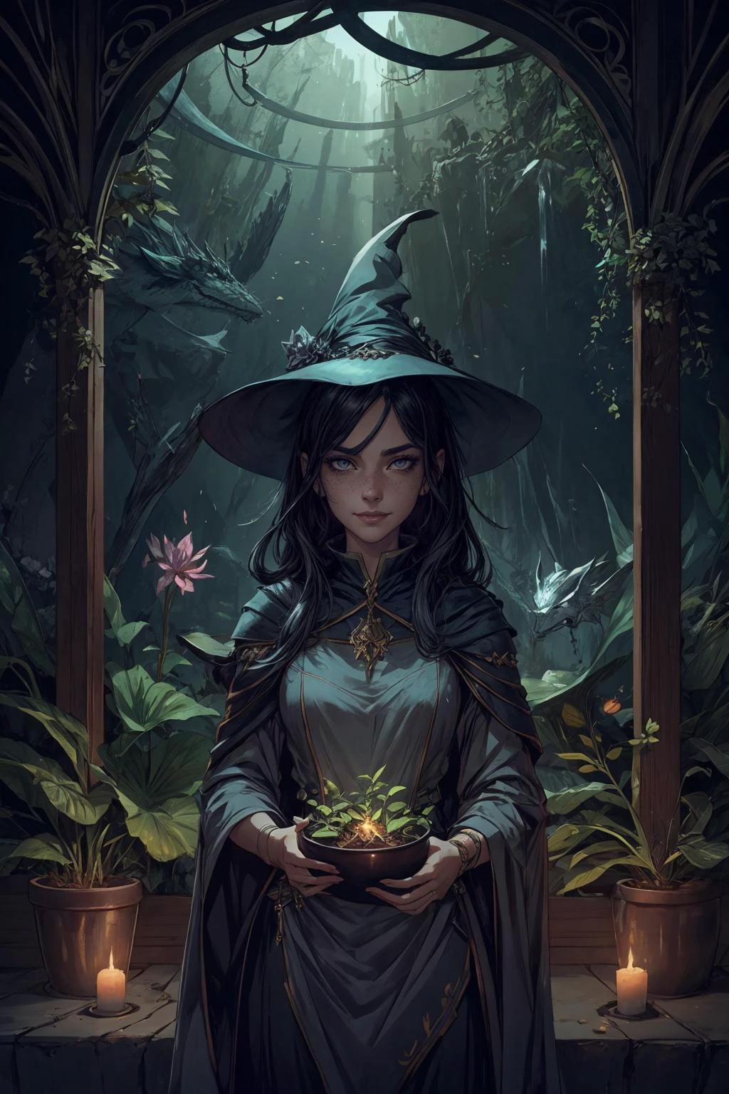 <lora:add_detail:0.5>, <lora:FZB_line_weights:0.4>, <lora:realistic:0.1>, <lora:sharpen-soften:-0.1>,
1 girl, adult (elven:0.7) woman, freckles, grey eyes, black shaggy hair,
(style-swirlmagic:0.8), focus on character, portrait, solo, (full body:0.6), looking down, detailed background, detailed face, (<lora:WitchcraftPunkAI:0.5>, WitchcraftPunkAI theme:1.1), smile, botanist, roots, magical plants, blooming flowers, greenhouse effect, floating plants, magic, green energy, lotus, herbs, ferns, botanical garden in background, backlighting, magical atmosphere,