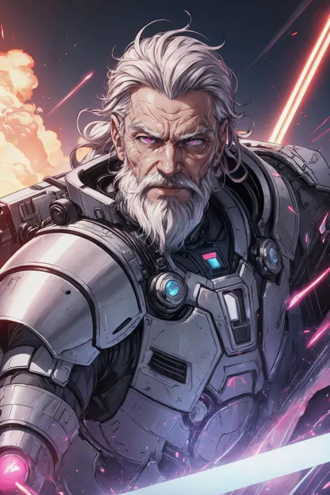 <lora:add_detail:0.5>, <lora:FZB_line_weights:0.4>, <lora:realistic:0.1>, <lora:sharpen-soften:-0.1>,
(1man, wrinkled face, old hungarian male:1.2), wise, pink eyes, white hair, long beard,
portrait, (bloody scars:0.7), looking away, solo, (full body:0.6), detailed background, close up, detailed face, futuristic digital platinum armor, thick armor, fractal pattern cape, rivets, modules, advanced technology, nanotech, (open helmet:0.6), head-up display, dynamic pose, epic battlefield in background, white lights, neon lights, lasers, explosions, screens, cinematic atmosphere,