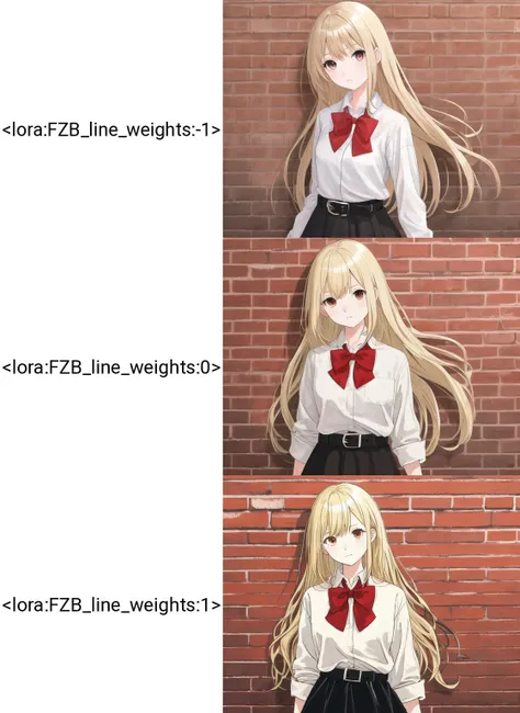 girl, long blonde hair, brown eye, white shirt, in velly, brick wall, looking at viewer, black skirt, black belt, red bowtie
 <lora:FZB_line_weights:-1>