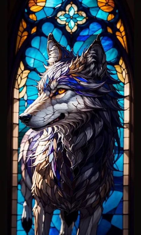 stgl2023, uhd, best quality, masterpiece, trending on arstation, wolf, Stained glass window