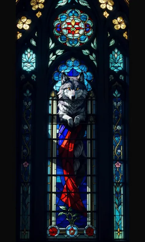 stgl2023, uhd, best quality, masterpiece, trending on arstation, wolf, Stained glass window