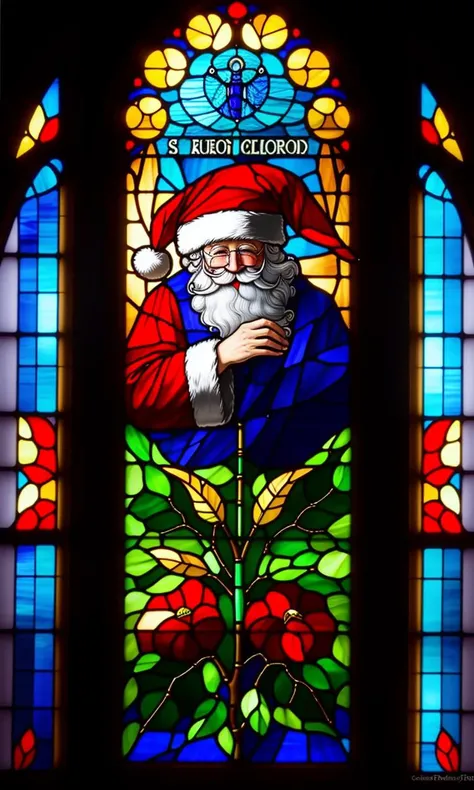 stgl2023, uhd, best quality, masterpiece, trending on arstation, flat colors, stained glass window, santa claus,