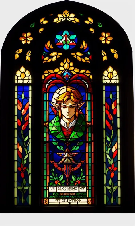 stgl2023, uhd, best quality, masterpiece, trending on arstation, flat colors, stained glass window, link, the legend of zelda, hyrule warriors,
