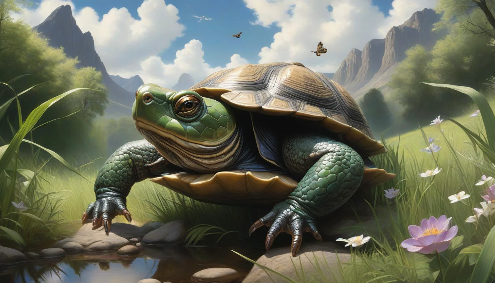 hyperrealistic art A serene river flows through a lush green landscape, crystal clear waters an Eastern Musk Turtle gracefully swims along, movements are slow and deliberate, as if it's taking in every detail of its surroundings, rocks and plants that dot the riverbed provide ample hiding places for the turtle while also adding to the overall aesthetic appeal of the scene, The water ripples softly as the turtle makes its way downstream, rendered in ultra-realistic detail and rich color, capturing every nuance of the turtle's textured shell and the vibrant flora and fauna of its habitat, style of Howard Terpning, extremely high-resolution details, photographic, realism pushed to extreme, fine texture, incredibly lifelike, <lora:SDS_Contrast tool_XL:0.6>