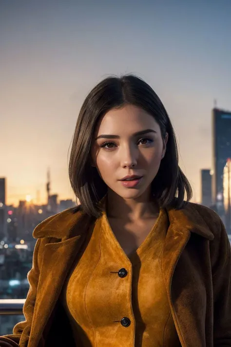 photo of S443_EveSweet,a stunning woman,in a (city:1.1),wearing a (suede-coat),(sunset),(cityscape),(4k, RAW photo, best quality, 50mm, depth of field, ultra high res:1.1),(intricate, photorealistic, cinematic-shot, masterpiece, ultra-detailed:1.1),