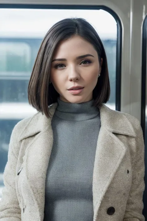 headshot of S443_EveSweet,a stylish woman,on a (train:1.1),wearing a (jacket),(turtleneck),(4k, RAW photo, best quality, 50mm, depth of field, ultra high res:1.1),(intricate, photorealistic, cinematic-shot, masterpiece, ultra-detailed:1.1),