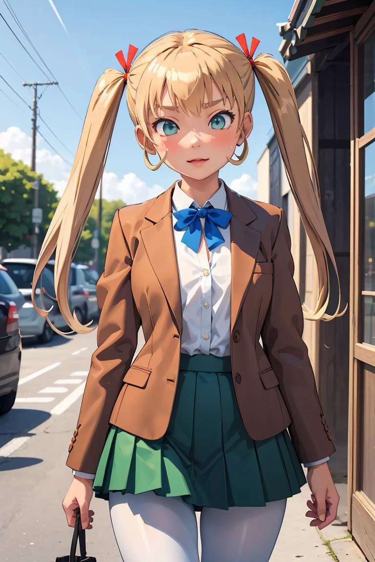 (masterpiece, best quality), 1girl, <lora:mao-asakura_futabu:1> jelomaoasakura, twintails,hair ribbon,brown jacket,white shirt,blue bow,green skirt,pantyhose