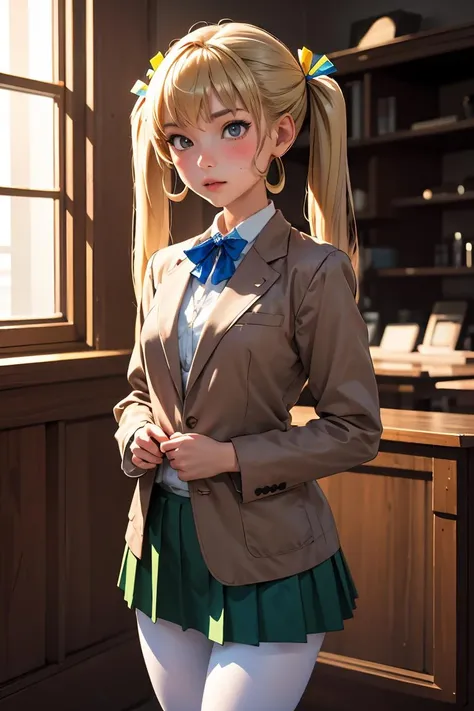(masterpiece, best quality), 1girl,   <lora:mao-asakura_futabu:1> jelomaoasakura, twintails,hair ribbon,brown jacket,white shirt,blue bow,green skirt,pantyhose