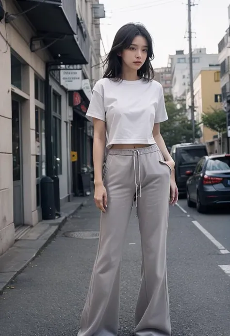 realism,best quality,masterpiece,realistic,highres,absurdres,realistic,masterpiece,Highly detailed,Professional,<lora:kuzi_20240215162242-000007:0.9>,Gray pants,bell bottoms,plush material,white T-shirt,(on the street),