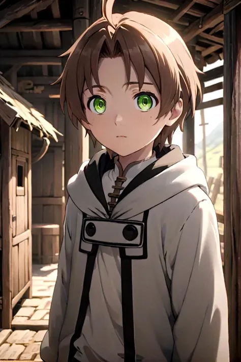 <lora:rudeus-000016:0.7>
a 12-year old boy, (rudeus greyrat:1.2), standing alone in a wooden village,
he has detailed green eyes and brown hair,
he has a mole under his left eye
His face is hyper-detailed and smooth
The soft lighting and detailed surroundings create an immersive environment where imagination runs wild
hyper-detailed,hyper-detailed face, high quality visuals, dim Lighting, sharply focused, octane render, 8k UHD
draw it in the art style of mushoku tensei