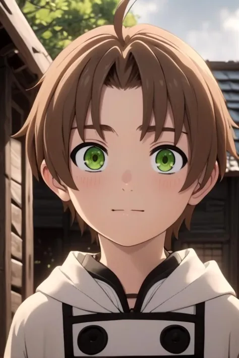 <lora:rudeus-000016:0.7>
a 12-year old boy, (rudeus greyrat:1.2), standing alone in a wooden village,
he has detailed green eyes and brown hair,
he has a mole under his left eye
His face is hyper-detailed and smooth
The soft lighting and detailed surroundings create an immersive environment where imagination runs wild
hyper-detailed,hyper-detailed face, high quality visuals, dim Lighting, sharply focused, octane render, 8k UHD
draw it in the art style of  mushoku tensei