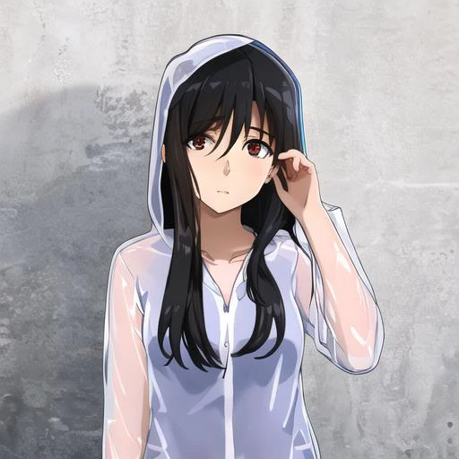 ((masterpiece)),(best quality), absurdres,sadako_yamamura,<lora:Sadakobest:0.8>, <lora:Transparentraincoat:1>, transparent raincoat,hood up,
