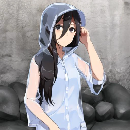 ((masterpiece)),(best quality), absurdres,sadako_yamamura,<lora:Sadakobest:0.8>, <lora:Transparentraincoat:1>, transparent raincoat,hood up,