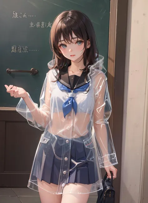 transparent raincoat,cowboy shot,hood down,school uniform,, masterpiece,1girl,cute