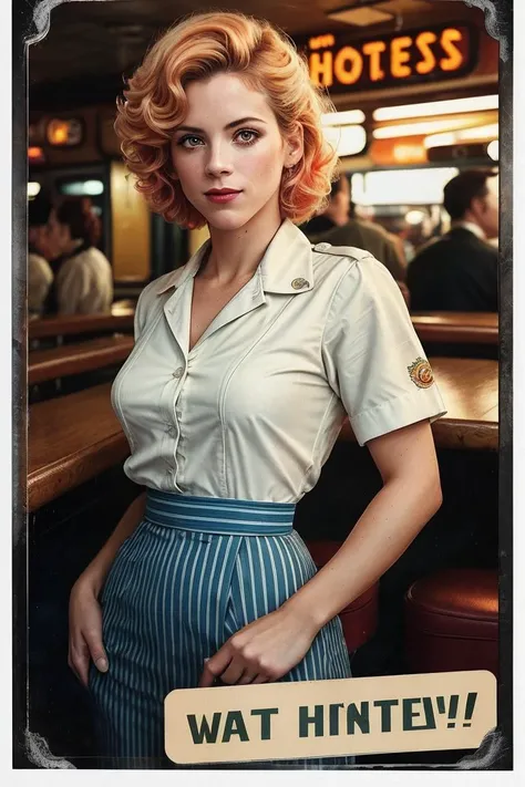 photo of (magg1ec1vantos:0.99), closeup portrait, perfect hair, hair upsweep updo, posing, (vintage photo, waitress outfit), ((postcard)), 160mm f/8, 1/10s, ISO 25, ((tintype)), (analog, film, film grain:1.3), ((Hooters advertisement ad, diner, 50s style, gritty)), happy, ((detailed eyes)), (colorful)
