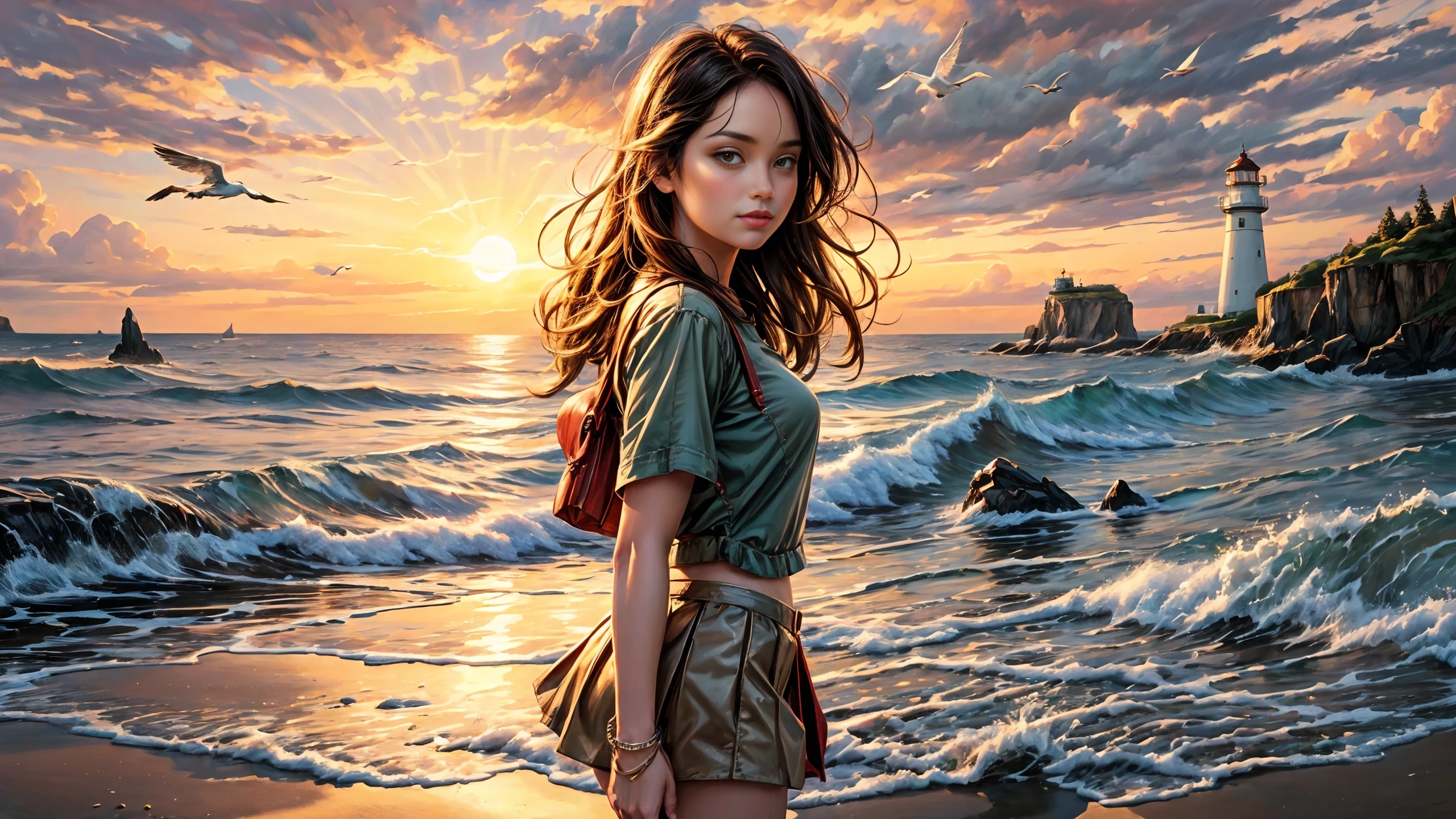 (oil painting) beach (extremely detailed), best quality fine art, (seagulls:1.2), (strong wind), big rock, moss, sand, clear water, distant sailboat, lighthouse, waves, ripples, reflections, leaves, young woman walking in the distance, waving hair, pretty beautiful, lovely adorable, happy smiling, Army Green shirt, Comic Book Red miniskirt, starfish, colors, sharp focus, high contrast, hdr, big sunny sky, sunset, golden hour, natural sun light , shadows, <lora:Detail Tweaker LoRA add_detail:1><lora:depth_of_field_slider_v1:5> <lora:SDXLrender_v2.0:0.9> <lora:oil painting locon:0.4>