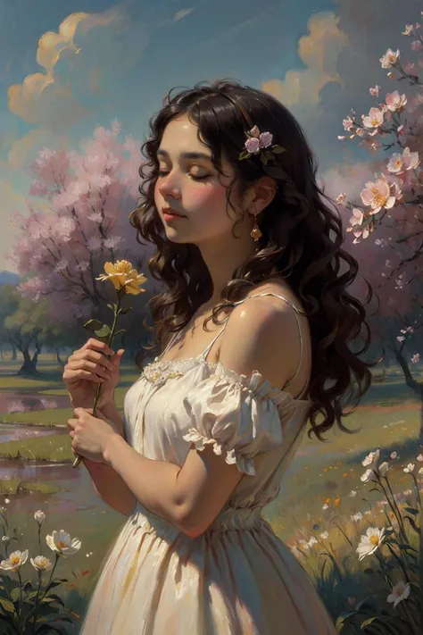 OIL PAINTING,IMPRESSIONISM,(masterpiece, best quality, ultra-detailed, best shadow),(detailed background),realistic ,(Rembrandt),1girl, solo, flower, dress, long hair, closed eyes, black hair, white dress, holding flower, field, holding, outdoors, grass, realistic, bare shoulders, <lyco:oil_painting:0.6>