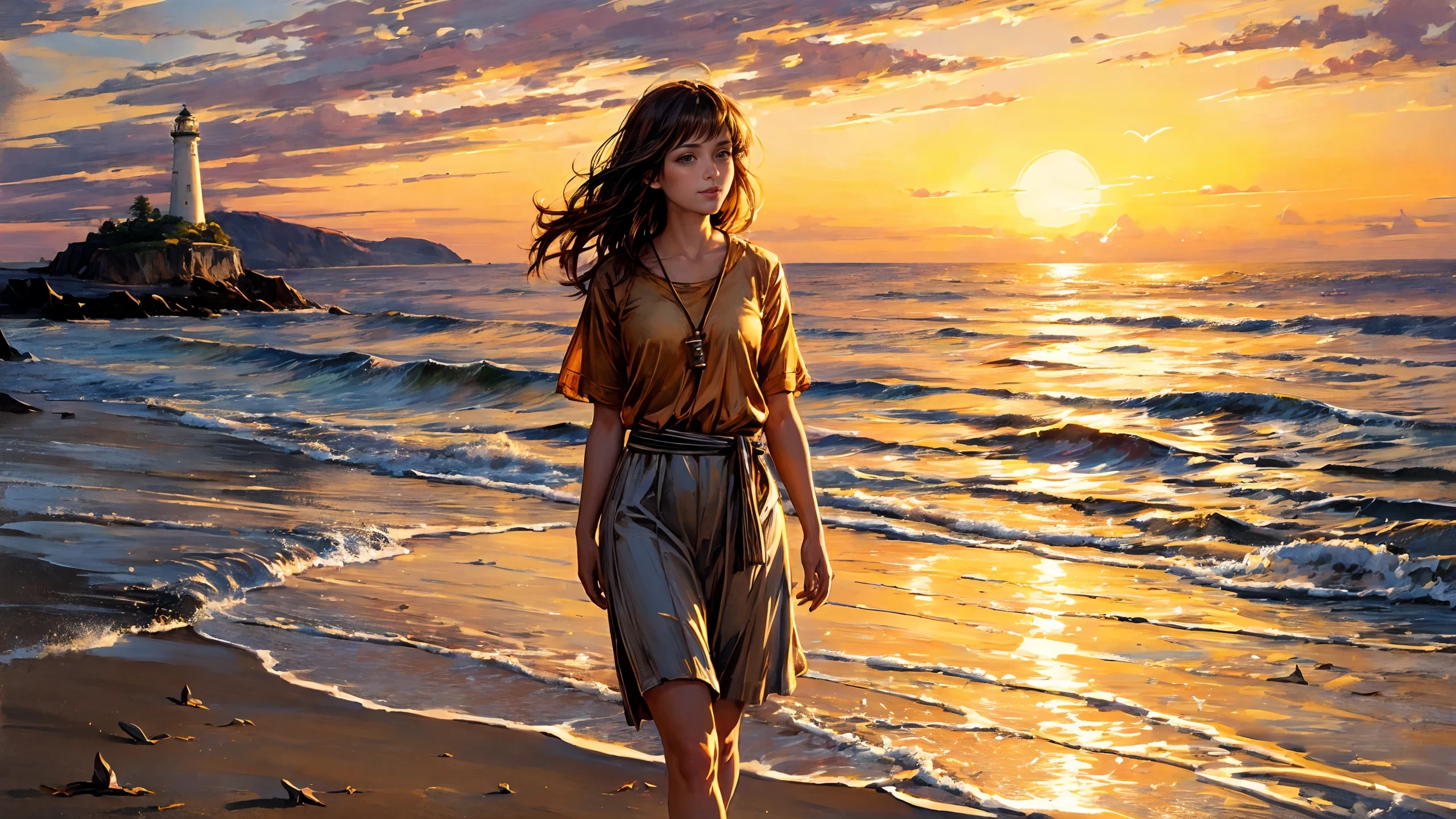 (oil paint) of a (far young woman in the distance, walking on the beach, (extremely detailed) and intricate), best quality fine art, (seagulls:1.2), strong wind, waving hair, pretty beautiful, lovely adorable, happy smiling, Road Sign Orange shirt, Lightsaber Red miniskirt, starfish, big rock, moss, sand, crystalline clear water, distant sailboat, lighthouse, waves, ripples, reflections, raytracing, leaves, crispy colors, sharp focus, high contrast, hdr, big sunny sky, sunset, golden hour, natural sun light , shadows, <lora:Detail Tweaker LoRA add_detail:1><lora:depth_of_field_slider_v1:5> <lora:SDXLrender_v2.0:0.9> <lora:oil painting locon:0.3>