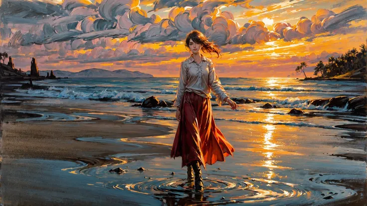 girl walking in the distance, (flock of seagulls:1.2), (oil paint), fine art, (strong wind:1.2),  wawing hair, pretty beautiful, adorable, young, happy smiling, color shirt, Blood Red skirt, starfish, (extremely detailed) and intricate, 8k, sharp focus, (big rock), moss, sand, beach with crystalline clear water, waves, ripples, reflections, raytracing,  Cement Gray flowers, crispy colors, high contrast, hdr, big sunny sky, sunset, golden hour, natural sunlight , shadows, <lora:Detail Tweaker LoRA add_detail:1><lora:depth_of_field_slider_v1:5>  <lora:SDXLrender_v2.0:0.9>  <lora:oil painting locon:0.6>